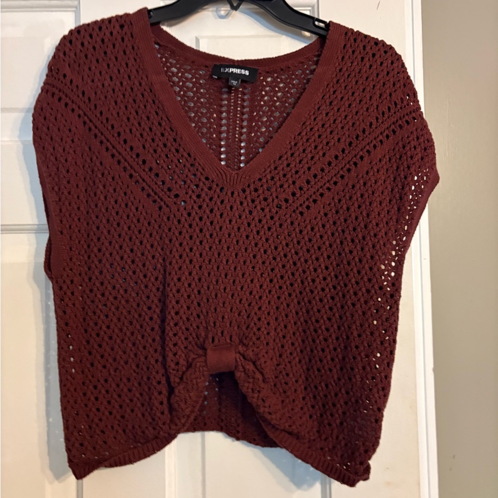 Express Brown V-Neck Sweater with Open Weave